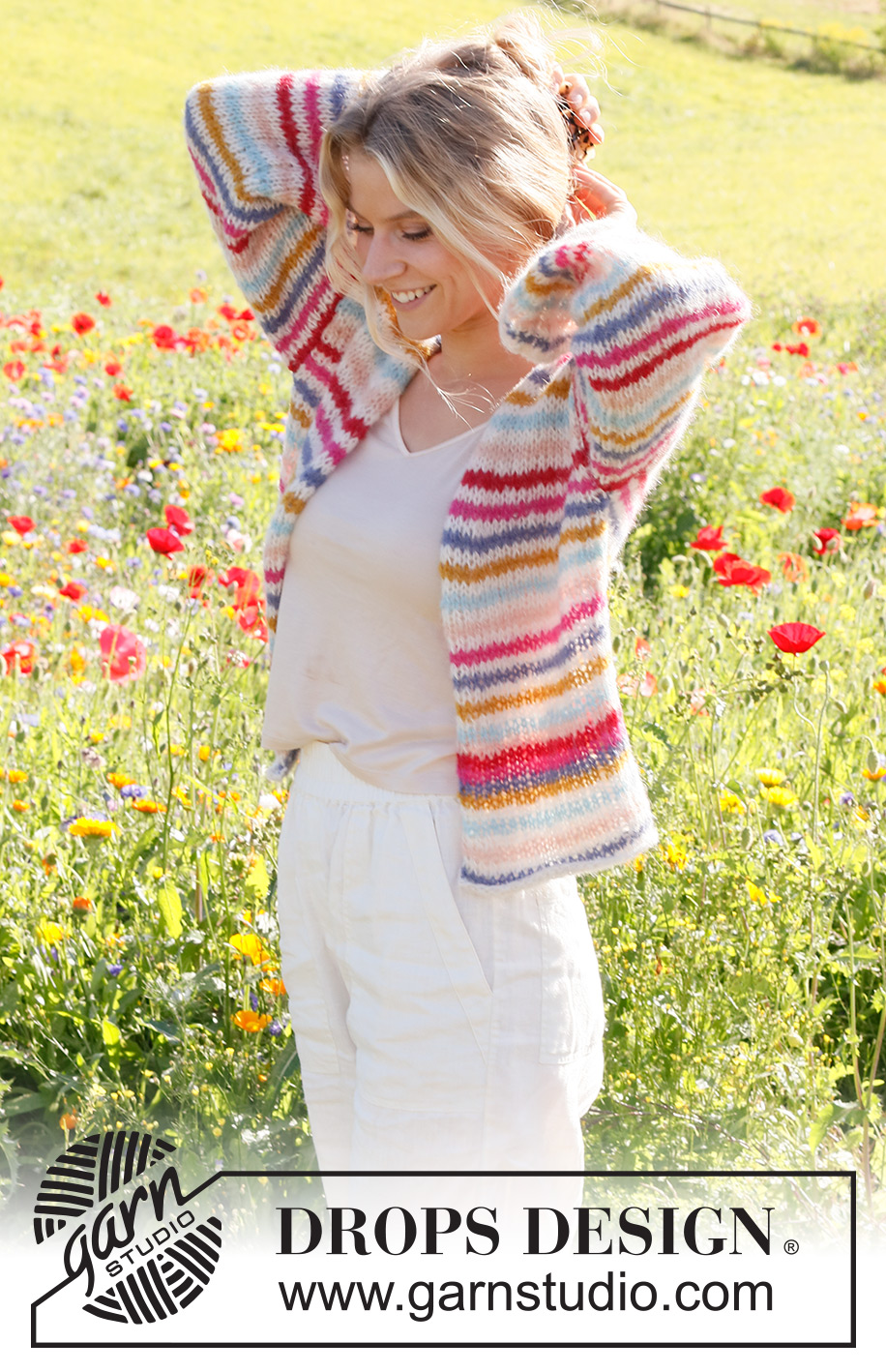 Candy Stripes Cardigan / DROPS 231-1 - Knitted basic jacket in 2 strands DROPS Brushed Alpaca Silk. The piece is worked bottom up, with stripes. Sizes XS - XXL.