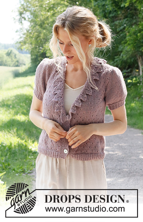 Fairy Woods Cardigan / DROPS 231-14 - Stickad kofta i DROPS Sky. Arbetet stickas nedifrån och upp, med hålmönster,  volangkant och korta ärmar. Storlek S - XXXL.