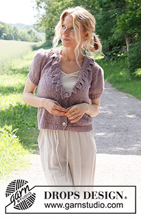 Fairy Woods Cardigan / DROPS 231-14 - Stickad kofta i DROPS Sky. Arbetet stickas nedifrån och upp, med hålmönster,  volangkant och korta ärmar. Storlek S - XXXL.