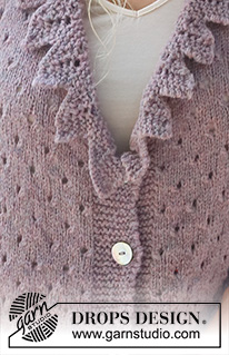 Fairy Woods Cardigan / DROPS 231-14 - Stickad kofta i DROPS Sky. Arbetet stickas nedifrån och upp, med hålmönster,  volangkant och korta ärmar. Storlek S - XXXL.