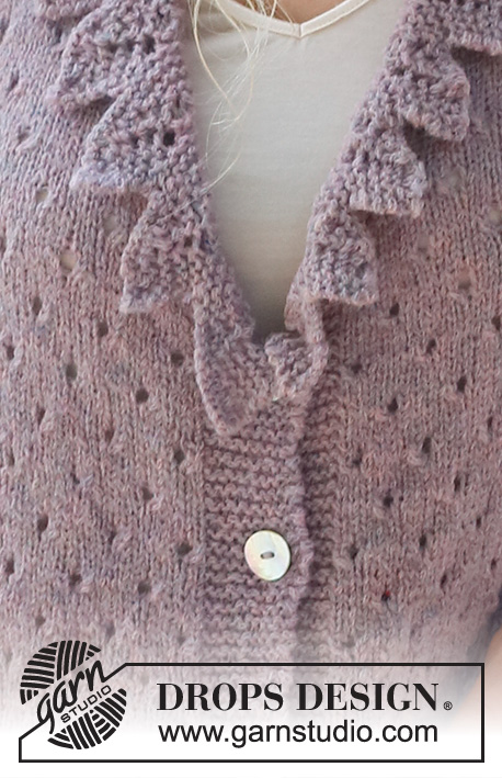 Fairy Woods Cardigan / DROPS 231-14 - Stickad kofta i DROPS Sky. Arbetet stickas nedifrån och upp, med hålmönster,  volangkant och korta ärmar. Storlek S - XXXL.
