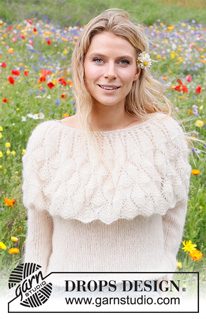 Big Sur Sweater / DROPS 231-17 - Stickad tröja i DROPS Brushed Alpaca Silk. Arbetet stickas nedinfrån och upp med runt ok, hålmönster och krage. Storlek S - XXXL.