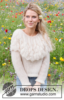 Big Sur Sweater / DROPS 231-17 - Stickad tröja i DROPS Brushed Alpaca Silk. Arbetet stickas nedinfrån och upp med runt ok, hålmönster och krage. Storlek S - XXXL.