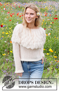 Big Sur Sweater / DROPS 231-17 - Stickad tröja i DROPS Brushed Alpaca Silk. Arbetet stickas nedinfrån och upp med runt ok, hålmönster och krage. Storlek S - XXXL.