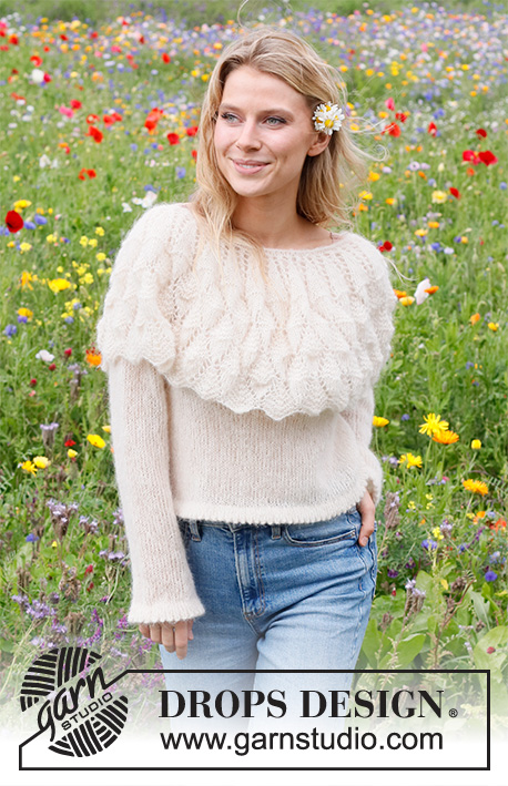 Big Sur Sweater / DROPS 231-17 - Stickad tröja i DROPS Brushed Alpaca Silk. Arbetet stickas nedinfrån och upp med runt ok, hålmönster och krage. Storlek S - XXXL.