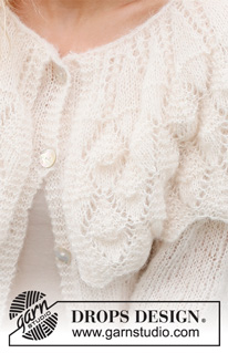 Big Sur Cardigan / DROPS 231-18 - Strikket cardigan i DROPS Brushed Alpaca Silk. Arbejdet strikkes nedenfra og op med rundt bærestykke, hulmønster og krave. Størrelse S - XXXL.