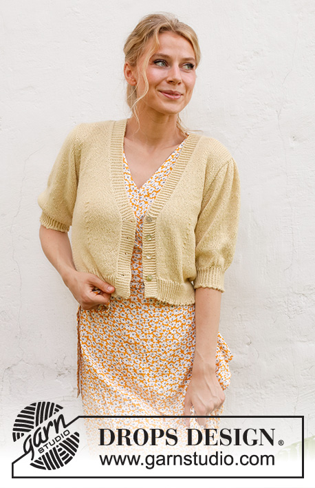 Chamomile Tea Cardi / DROPS 231-21 - Propínací svetr s krátkým rukávem a V-výstřihem pletený lícovým žerzejem shora dolů z příze DROPS BabyAlpaca Silk. Velikost: S - XXXL.