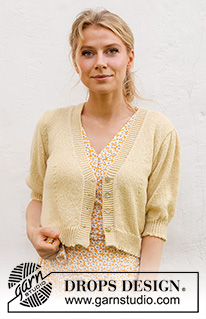 Chamomile Tea Cardi / DROPS 231-21 - Propínací svetr s krátkým rukávem a V-výstřihem pletený lícovým žerzejem shora dolů z příze DROPS BabyAlpaca Silk. Velikost: S - XXXL.