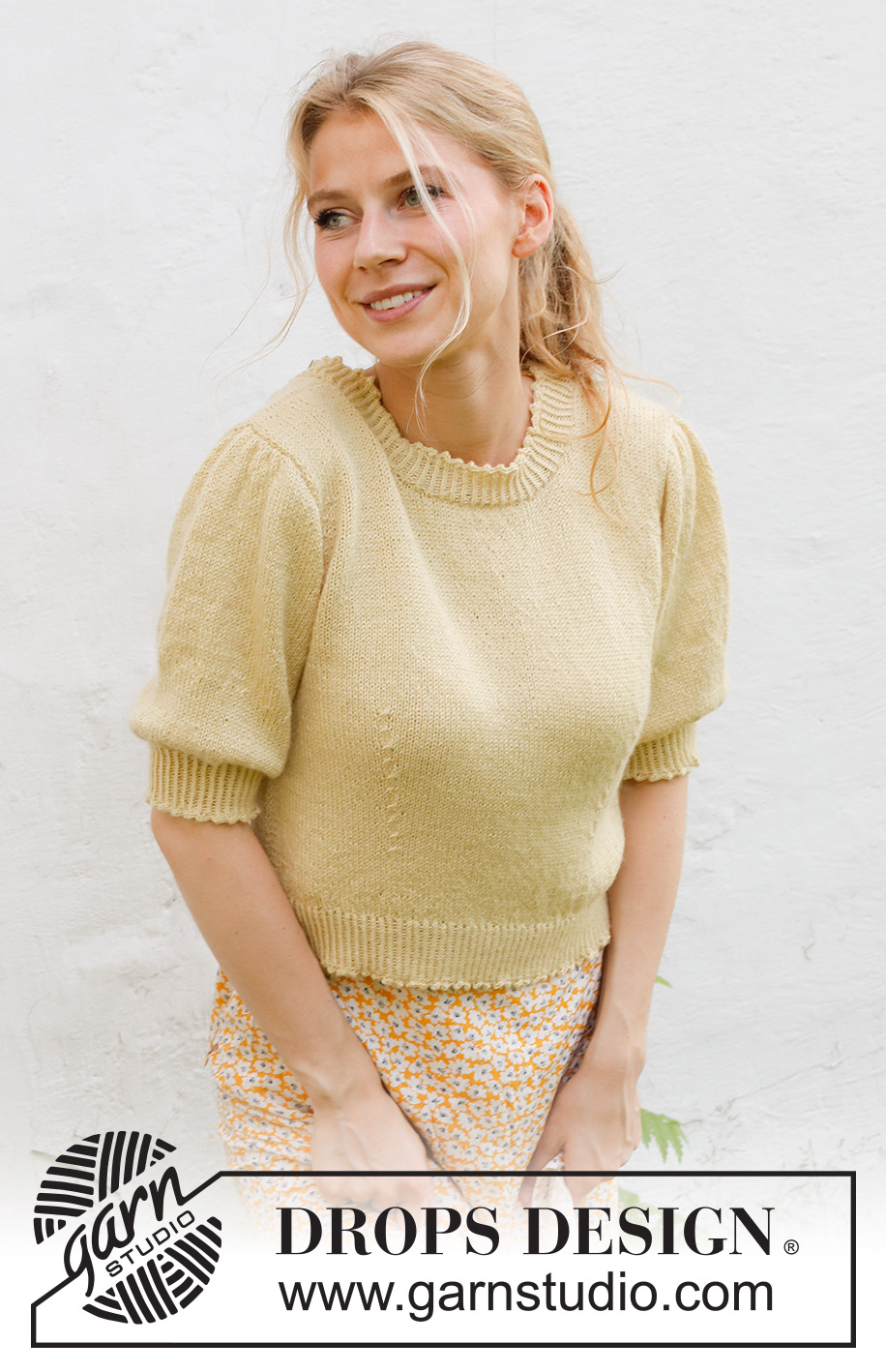 Chamomile Tea Top / DROPS 231-22 - Knitted sweater with short sleeves / t-shirt in DROPS BabyAlpaca Silk. Piece is knitted top down in stockinette stitch with short puffed sleeves and picot edges. Size: S - XXXL