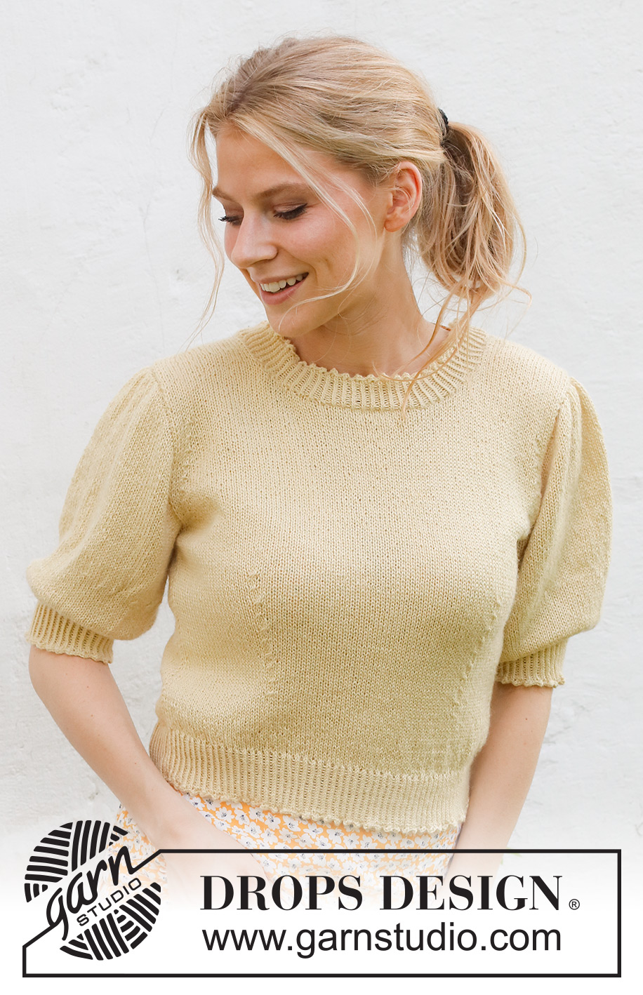 Chamomile Tea Top / DROPS 231-22 - Knitted sweater with short sleeves / t-shirt in DROPS BabyAlpaca Silk. Piece is knitted top down in stockinette stitch with short puffed sleeves and picot edges. Size: S - XXXL