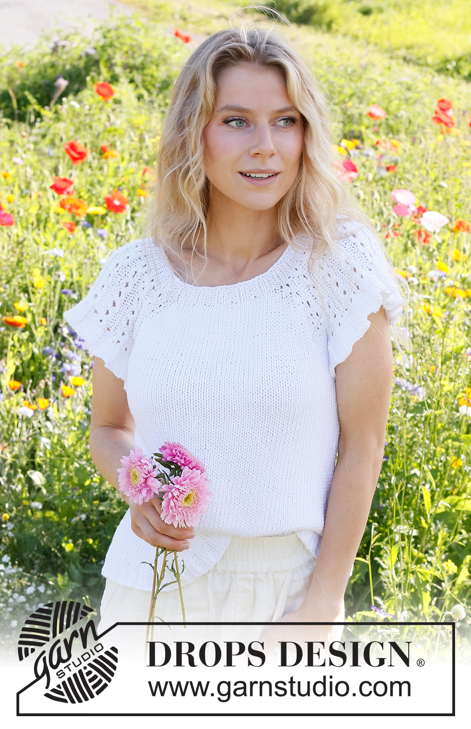 White Roses Top / DROPS 231-25 - Knitted top in DROPS Paris. Piece is knitted top down with raglan, cables and flounce on sleeves. Size: S - XXXL