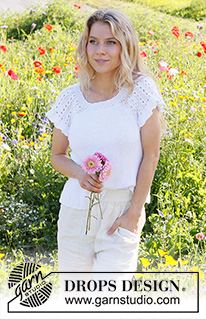 White Roses Top / DROPS 231-25 - Knitted top in DROPS Paris. Piece is knitted top down with raglan, cables and flounce on sleeves. Size: S - XXXL