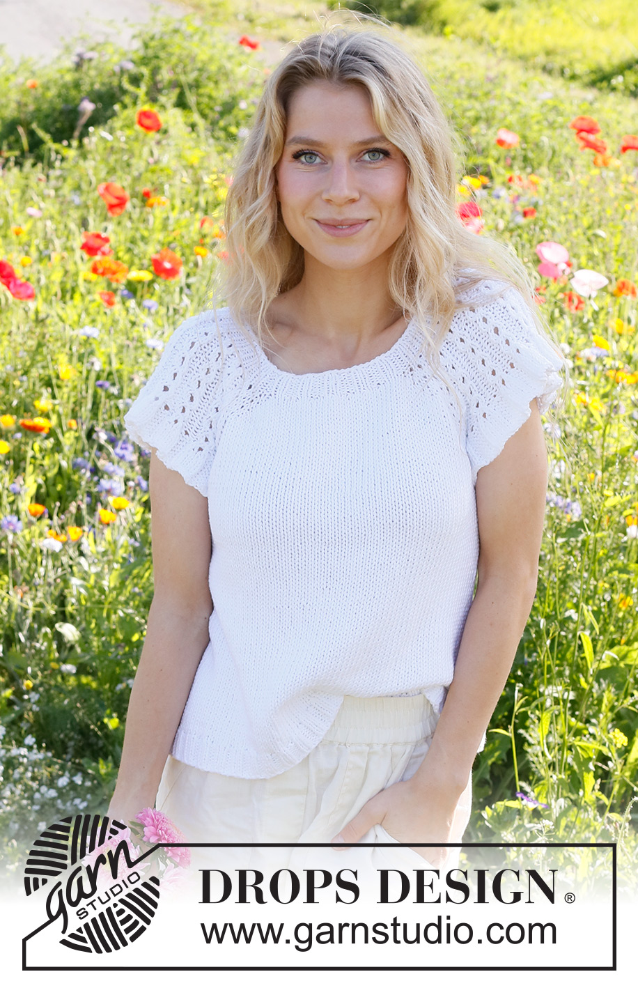 White Roses Top / DROPS 231-25 - Knitted top in DROPS Paris. Piece is knitted top down with raglan, cables and flounce on sleeves. Size: S - XXXL