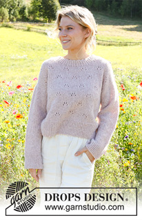 Sweetness Imprint Sweater / DROPS 231-28 - Sweter na drutach, przerabiany od dołu do góry, ściegiem ażurowym, z brzegiem pikotką, z włóczki DROPS Air. Od S do XXXL.