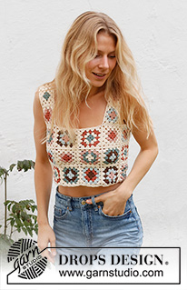 Woodstock Weekend / DROPS 231-31 - Gehaakte top met oma-vierkanten in DROPS Safran. Maten S - XXXL.