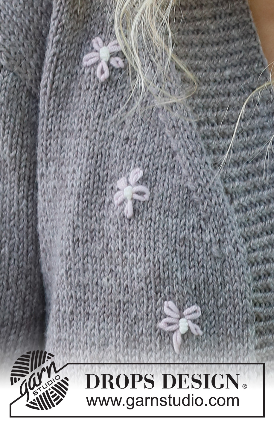 Shy Daisy Cardigan / DROPS 231-33 - Strikket jakke i DROPS Merino Extra Fine. Arbeidet strikkes nedenfra og opp i glattstrikk og broderte blomster. Størrelse S - XXXL.