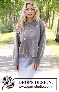 Shy Daisy / DROPS 231-34 - Gebreide trui in DROPS Merino Extra Fine. Het werk wordt van onder naar boven gebreid met dubbele halsrand en geborduurde bloemen. Maat: S - XXXL