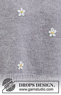 Shy Daisy / DROPS 231-34 - Gebreide trui in DROPS Merino Extra Fine. Het werk wordt van onder naar boven gebreid met dubbele halsrand en geborduurde bloemen. Maat: S - XXXL