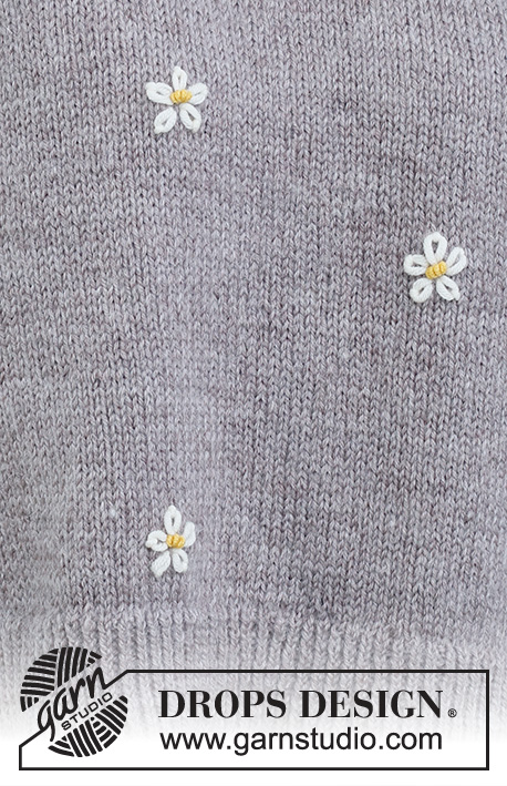 Shy Daisy / DROPS 231-34 - Gebreide trui in DROPS Merino Extra Fine. Het werk wordt van onder naar boven gebreid met dubbele halsrand en geborduurde bloemen. Maat: S - XXXL