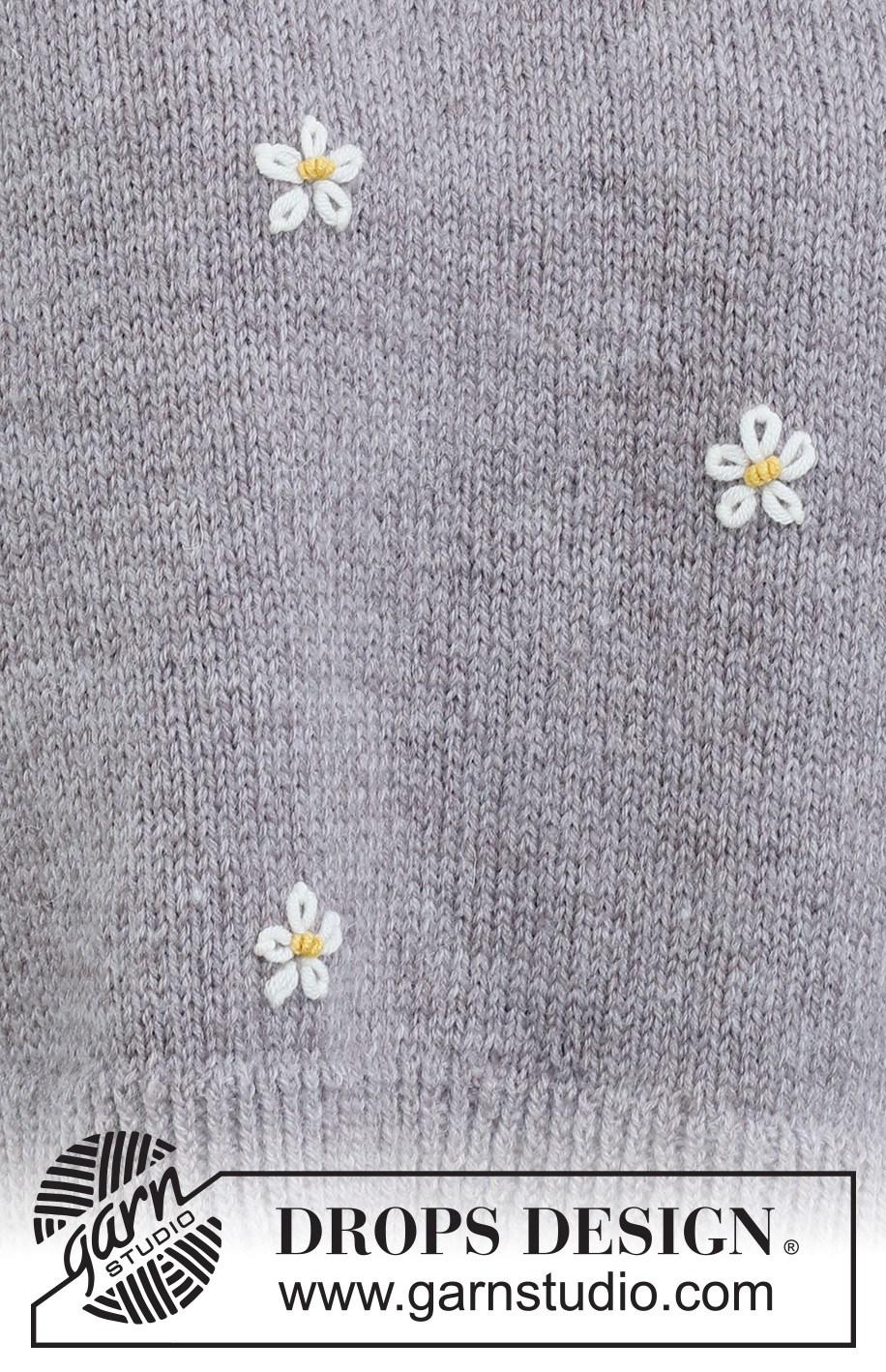 Shy Daisy / DROPS 231-34 - Gebreide trui in DROPS Merino Extra Fine. Het werk wordt van onder naar boven gebreid met dubbele halsrand en geborduurde bloemen. Maat: S - XXXL