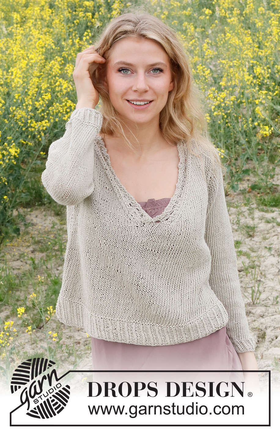 Wild and Free / DROPS 231-35 - Knitted jumper in DROPS Bomull-Lin or DROPS Paris. The piece is worked bottom up, in stocking stitch with laced-edges and V-neck. Sizes S - XXXL.