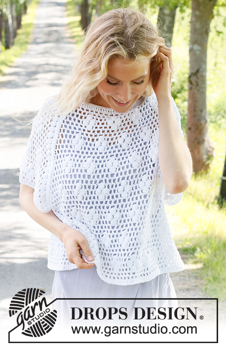 Frosted Daisies / DROPS 231-38 - Crocheted top / t-shirt in DROPS Belle. Piece is crocheted top down with raglan, lace pattern and bobbles. Size: S - XXXL