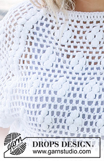 Frosted Daisies / DROPS 231-38 - Crocheted top / t-shirt in DROPS Belle. Piece is crocheted top down with raglan, lace pattern and bobbles. Size: S - XXXL