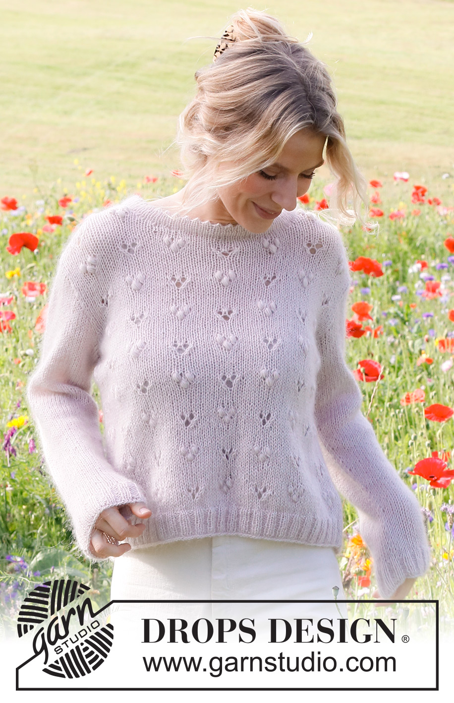 Heart Catcher / DROPS 231-4 - Knitted jumper in DROPS Flora and DROPS Kid-Silk. The piece is worked bottom up, with lace pattern and bobbles. Sizes S - XXXL.