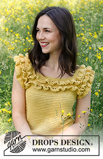 Summer Date / DROPS 231-43 - Virkad topp i DROPS Safran. Arbetet virkas uppifrån och ner med raglan och volanger. Storlek S - XXXL.