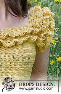 Summer Date / DROPS 231-43 - Virkad topp i DROPS Safran. Arbetet virkas uppifrån och ner med raglan och volanger. Storlek S - XXXL.
