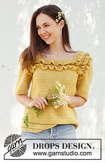Summer Date / DROPS 231-44 - Hæklet bluse med korte ærmer i DROPS Safran. Arbejdet hækles oppefra og ned med raglan og flæser. Størrelse S - XXXL.
