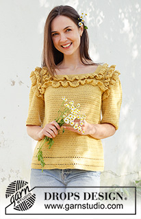 Summer Date / DROPS 231-44 - Hæklet bluse med korte ærmer i DROPS Safran. Arbejdet hækles oppefra og ned med raglan og flæser. Størrelse S - XXXL.