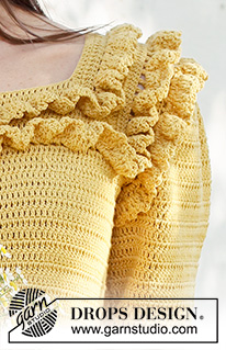 Summer Date / DROPS 231-44 - Hæklet bluse med korte ærmer i DROPS Safran. Arbejdet hækles oppefra og ned med raglan og flæser. Størrelse S - XXXL.