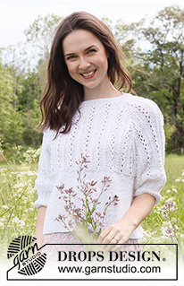 Lost in Summer Sweater / DROPS 231-49 - Stickad tröja i DROPS Muskat. Arbetet stickas uppifrån och ner med raglan, hålmönster och ¾ långa ärmar. Storlek S - XXXL.