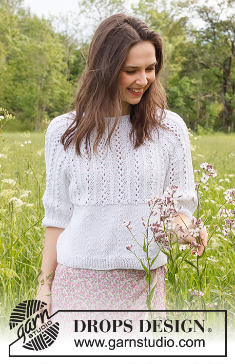 Lost in Summer Sweater / DROPS 231-49 - Stickad tröja i DROPS Muskat. Arbetet stickas uppifrån och ner med raglan, hålmönster och ¾ långa ärmar. Storlek S - XXXL.