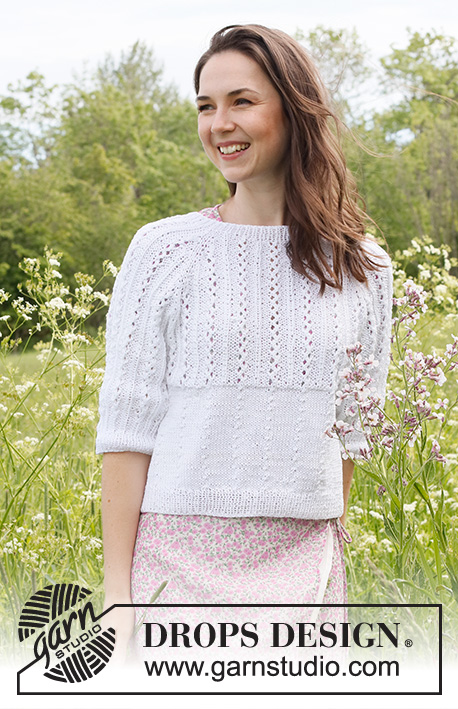 Lost in Summer Sweater / DROPS 231-49 - Stickad tröja i DROPS Muskat. Arbetet stickas uppifrån och ner med raglan, hålmönster och ¾ långa ärmar. Storlek S - XXXL.