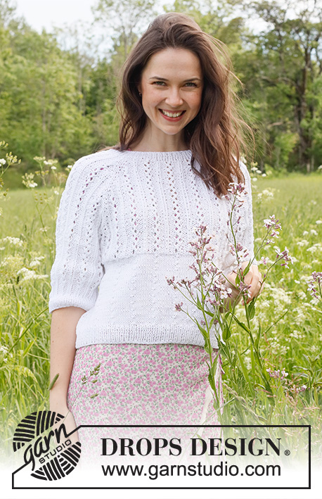 Lost in Summer Sweater / DROPS 231-49 - Stickad tröja i DROPS Muskat. Arbetet stickas uppifrån och ner med raglan, hålmönster och ¾ långa ärmar. Storlek S - XXXL.