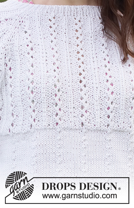 Lost in Summer Sweater / DROPS 231-49 - Stickad tröja i DROPS Muskat. Arbetet stickas uppifrån och ner med raglan, hålmönster och ¾ långa ärmar. Storlek S - XXXL.