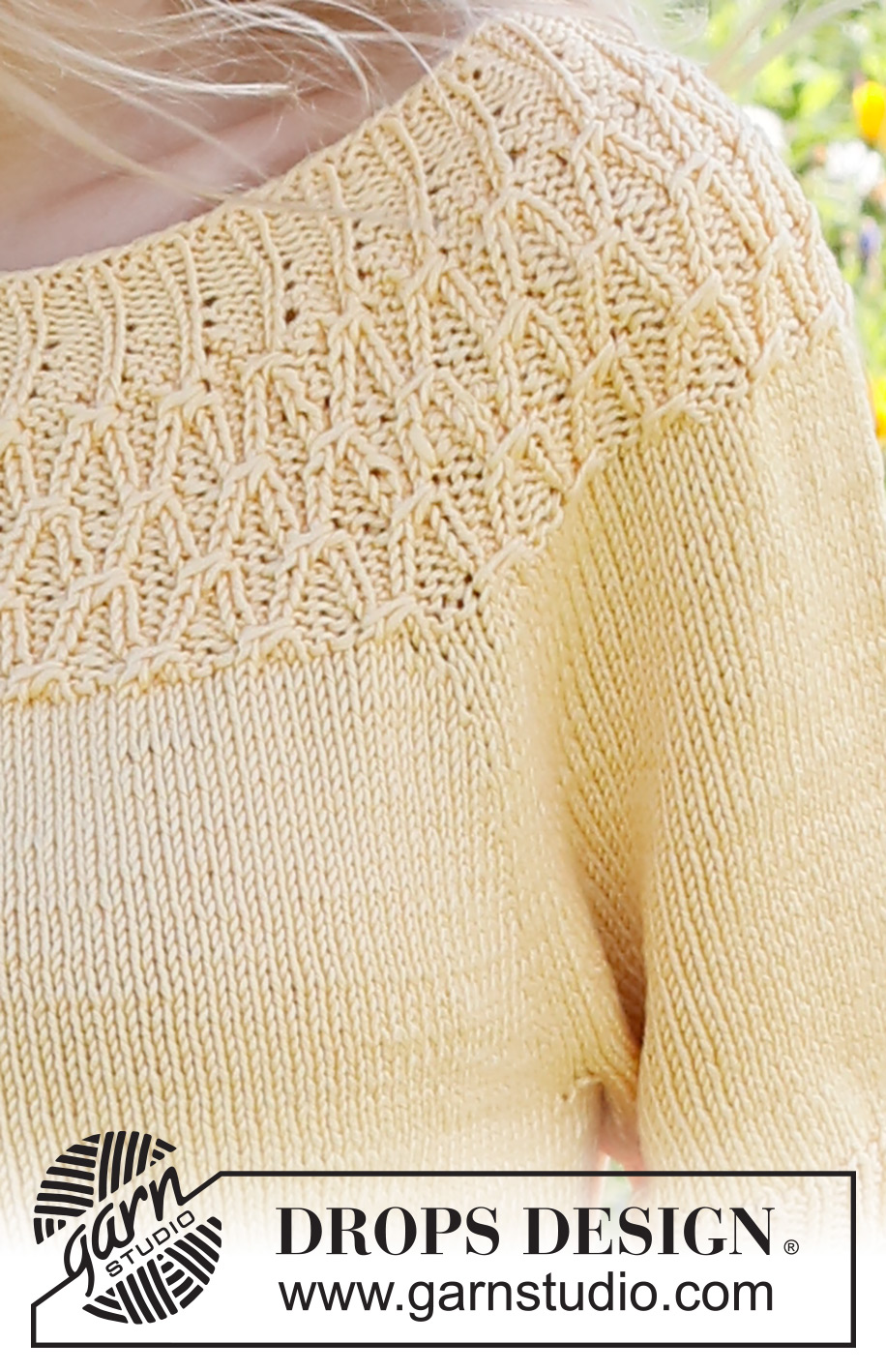 Sunny Song / DROPS 231-5 - Knitted sweater with short sleeves / t-shirt in DROPS Muskat. Piece is knitted top down with round yoke and cables. Size S-XXXL.