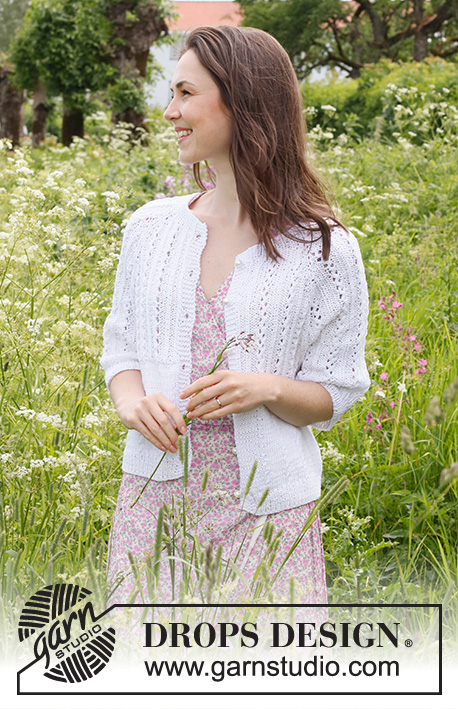 Lost in Summer Cardigan / DROPS 231-50 - Stickad kofta i DROPS Muskat. Arbetet stickas uppifrån och ner med raglan, hålmönster och ¾ långa ärmar. Storlek S - XXXL.