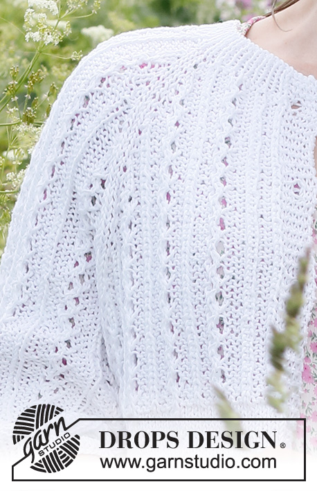Lost in Summer Cardigan / DROPS 231-50 - Stickad kofta i DROPS Muskat. Arbetet stickas uppifrån och ner med raglan, hålmönster och ¾ långa ärmar. Storlek S - XXXL.