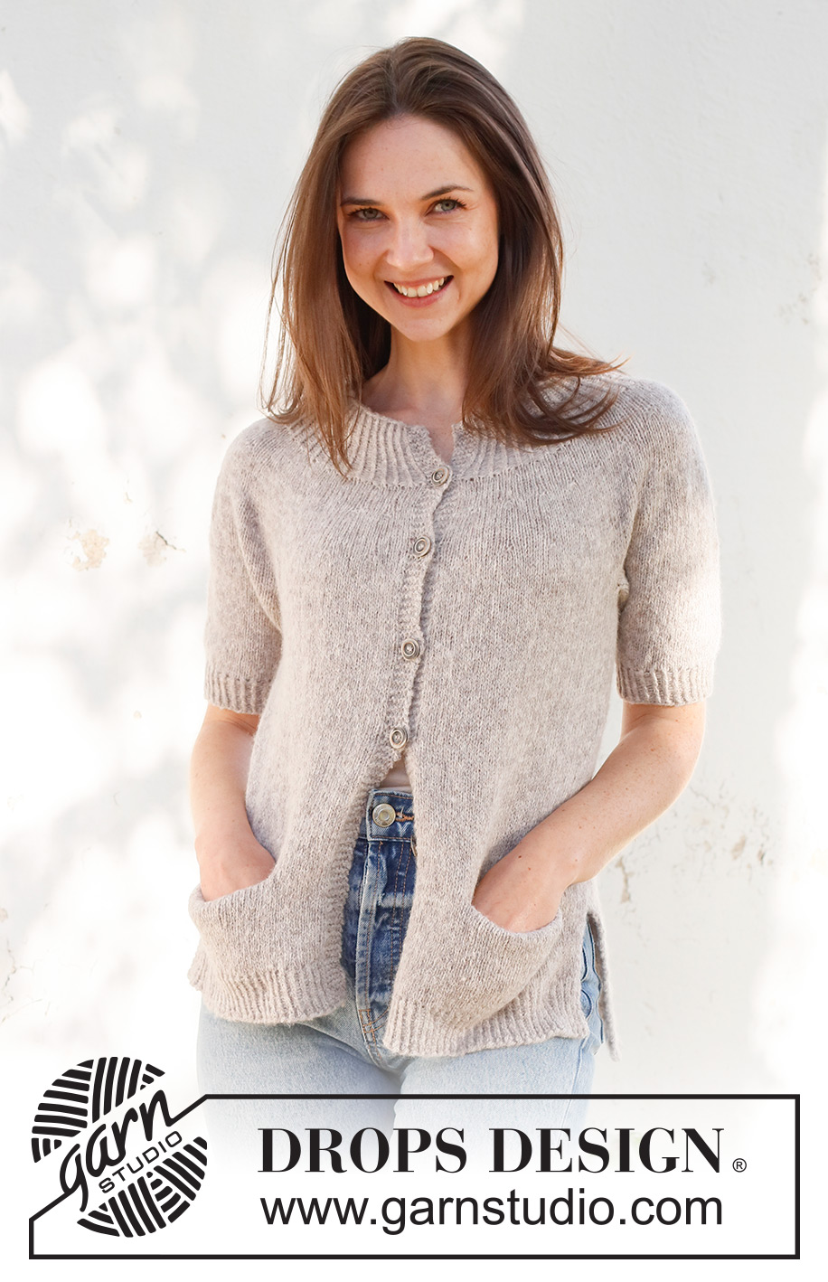 Daisy Lane Cardigan / DROPS 231-54 - Knitted jacket in DROPS Sky. Piece is knitted top down with round yoke, stockinette stitch, pockets, short sleeves and vents in the sides. Size XS – XXL.