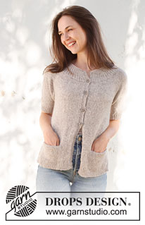 Daisy Lane Cardigan / DROPS 231-54 - Knitted jacket in DROPS Sky. Piece is knitted top down with round yoke, stockinette stitch, pockets, short sleeves and vents in the sides. Size XS – XXL.