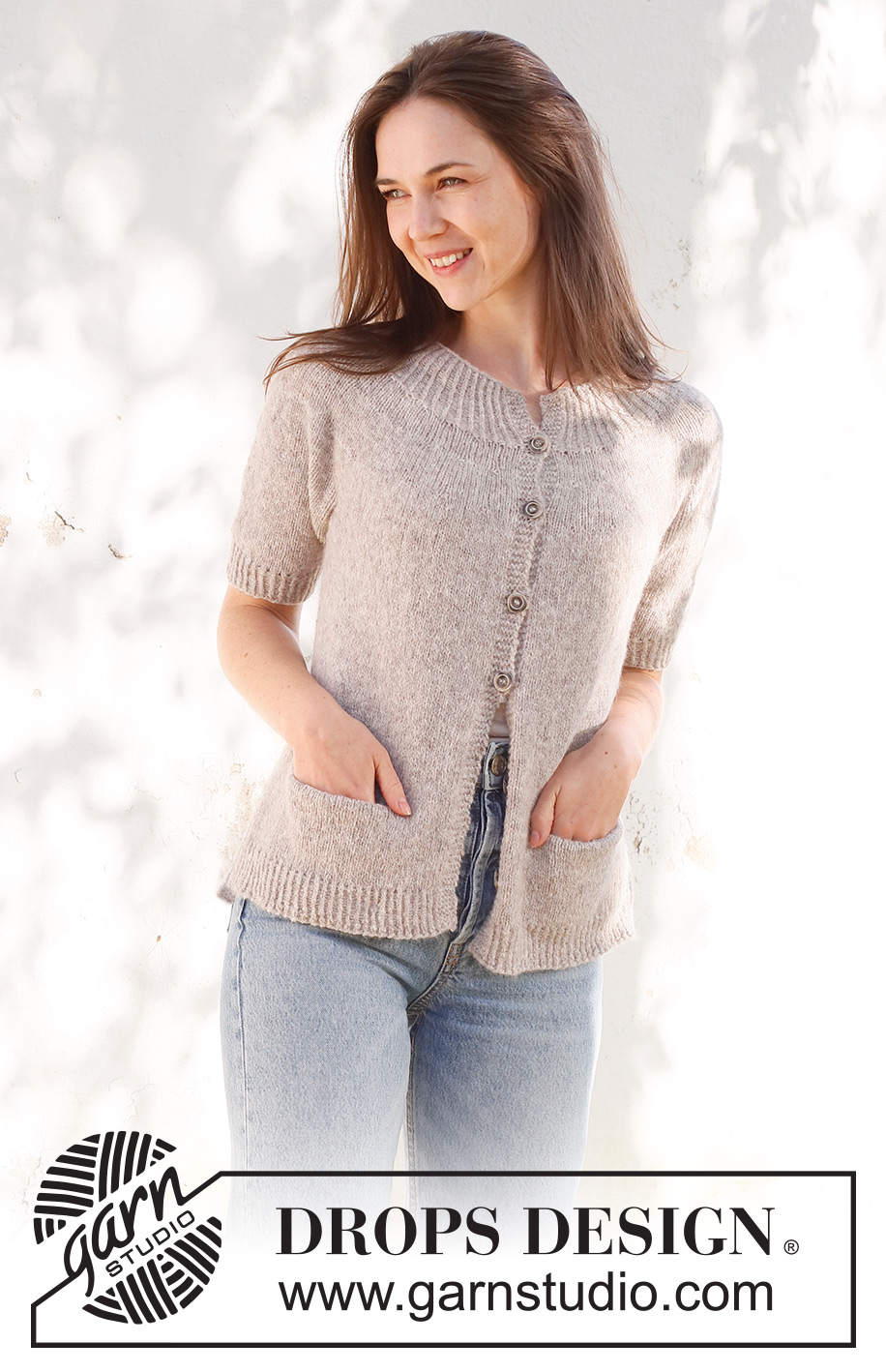 Daisy Lane Cardigan / DROPS 231-54 - Knitted jacket in DROPS Sky. Piece is knitted top down with round yoke, stockinette stitch, pockets, short sleeves and vents in the sides. Size XS – XXL.