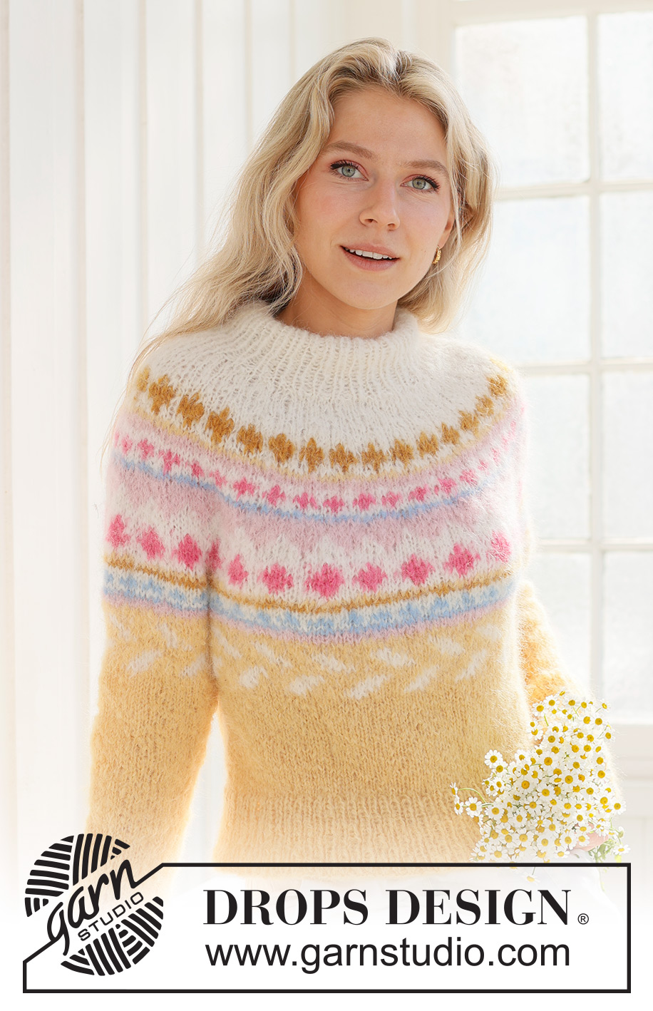 Lemon Meringue Sweater / DROPS 231-55 - Stickad tröja i DROPS Melody. Arbetet stickas uppifrån och ner med dubbel halskant, runt ok och flerfärgat mönster. Storlek S - XXXL.