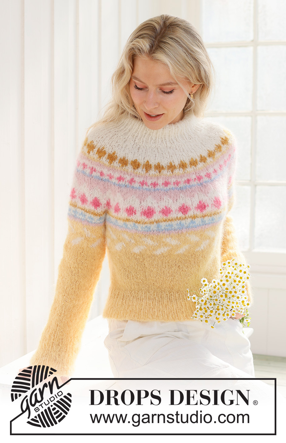 Lemon Meringue Sweater / DROPS 231-55 - Stickad tröja i DROPS Melody. Arbetet stickas uppifrån och ner med dubbel halskant, runt ok och flerfärgat mönster. Storlek S - XXXL.
