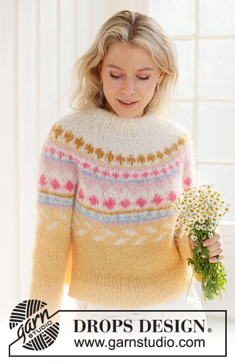 Lemon Meringue Sweater / DROPS 231-55 - Stickad tröja i DROPS Melody. Arbetet stickas uppifrån och ner med dubbel halskant, runt ok och flerfärgat mönster. Storlek S - XXXL.
