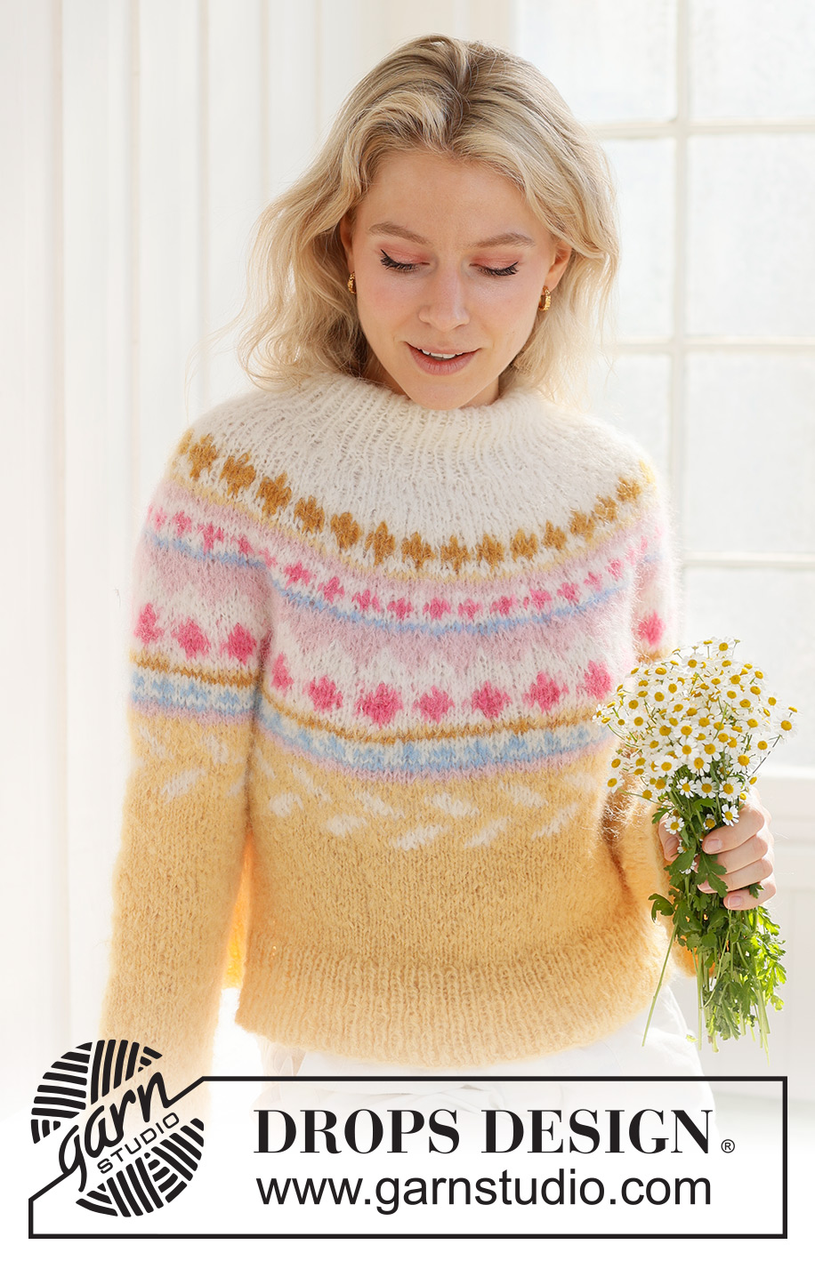 Lemon Meringue Sweater / DROPS 231-55 - Stickad tröja i DROPS Melody. Arbetet stickas uppifrån och ner med dubbel halskant, runt ok och flerfärgat mönster. Storlek S - XXXL.
