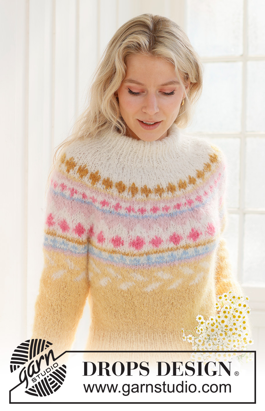 Lemon Meringue Sweater / DROPS 231-55 - Stickad tröja i DROPS Melody. Arbetet stickas uppifrån och ner med dubbel halskant, runt ok och flerfärgat mönster. Storlek S - XXXL.