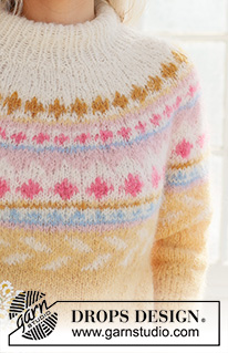 Lemon Meringue Sweater / DROPS 231-55 - Stickad tröja i DROPS Melody. Arbetet stickas uppifrån och ner med dubbel halskant, runt ok och flerfärgat mönster. Storlek S - XXXL.